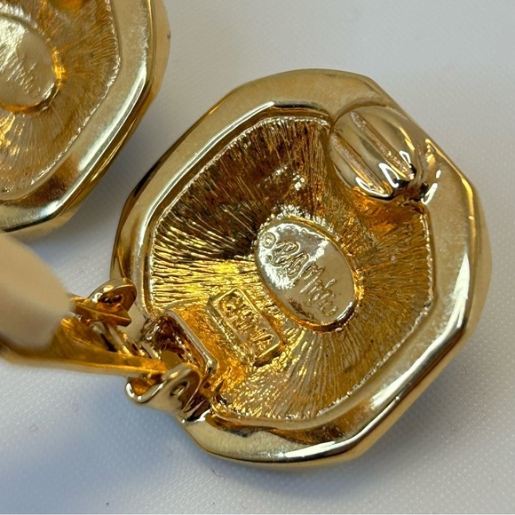 Gold Tone Geometric Shaped Enamel Clip On Earrings - Picture 6 of 10